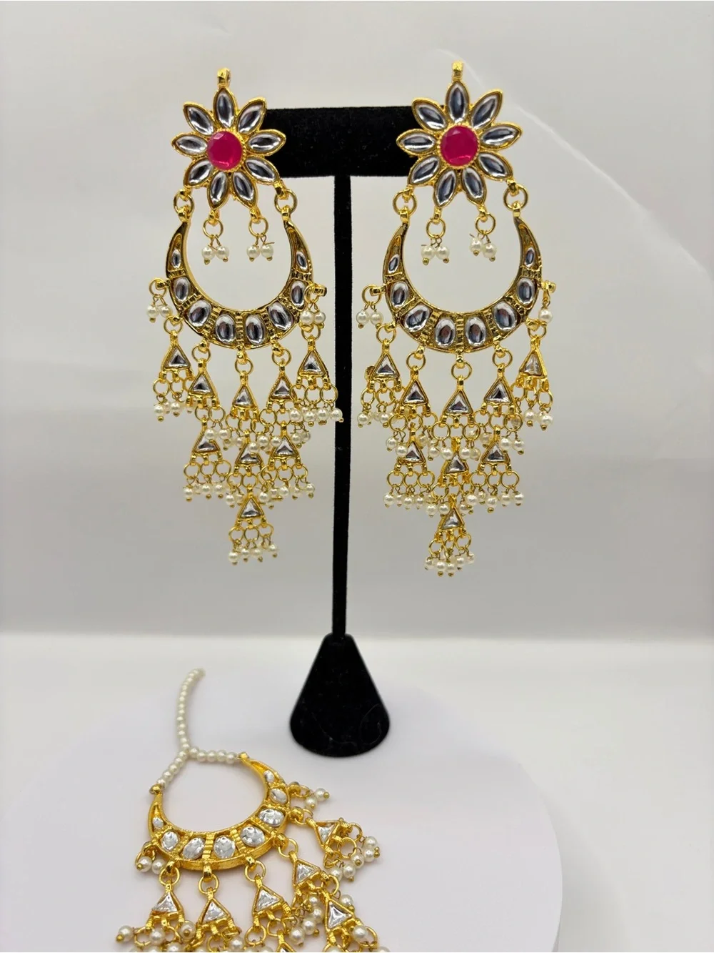 Gold-Tone Floral Chandbali Earrings and Tikka with Red Center and Pearl Drops